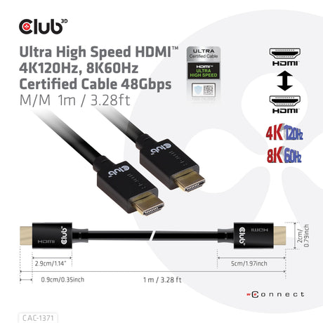 Câble HDMI ultra haut débit Club 3D (noir, 1 mètre, 4K 120 Hz, 8K 60 Hz, 48 Gbps)