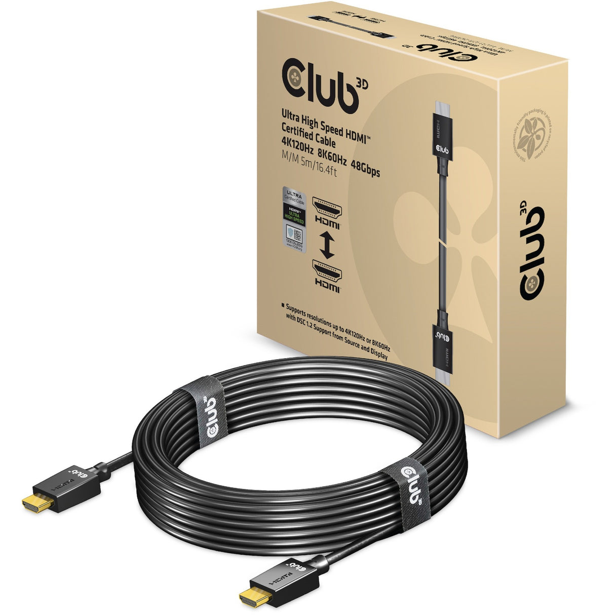 Câble certifié HDMI 2.1 ultra haut débit Club 3D mâle-mâle (noir, 5 mètres, 4K 120Hz, 8K 60Hz, 48Gbps)