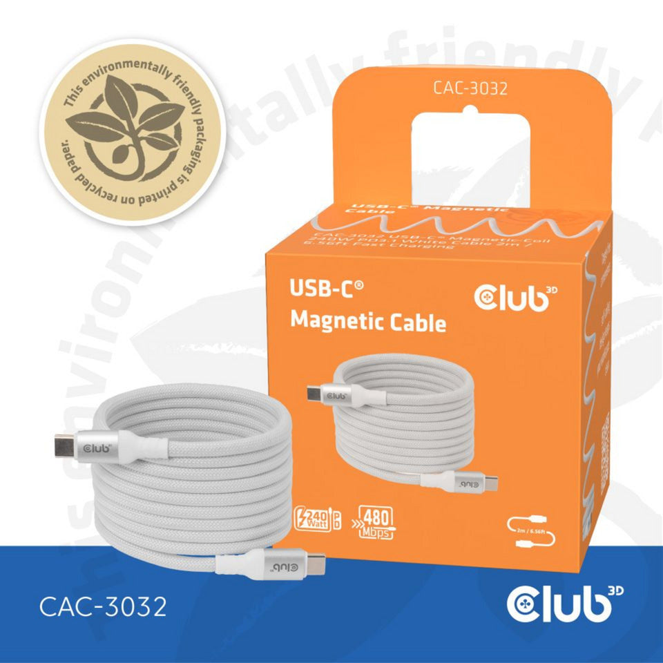 Bobine magnétique Club 3D USB-C 240 W PD3.1 câble blanc, câble de 2 mètres (blanc)