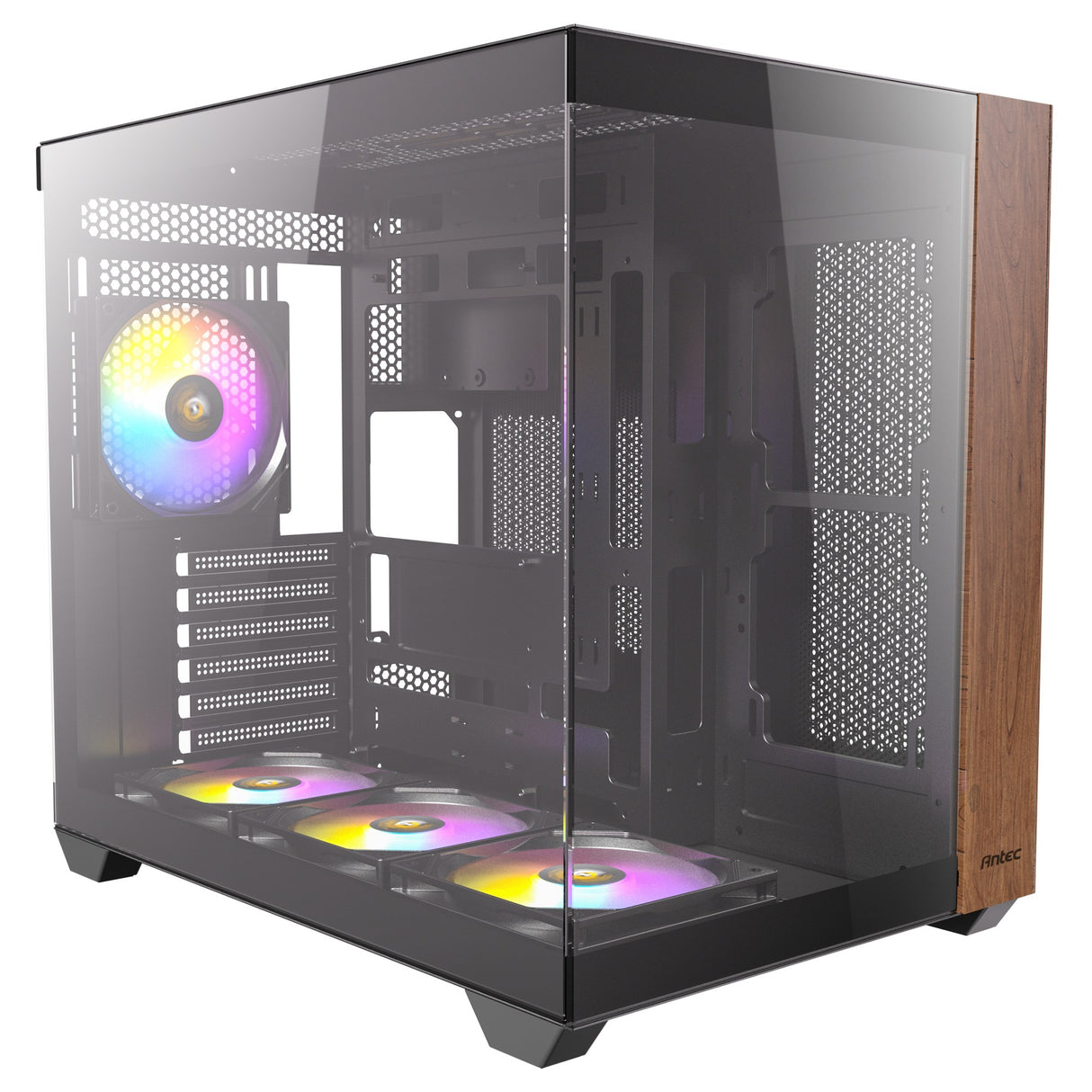 Boîtier tour midi argb en bois Antec cx800 (couleur bois noir | 1x USB-A | 1x USB-C | verre trempé)