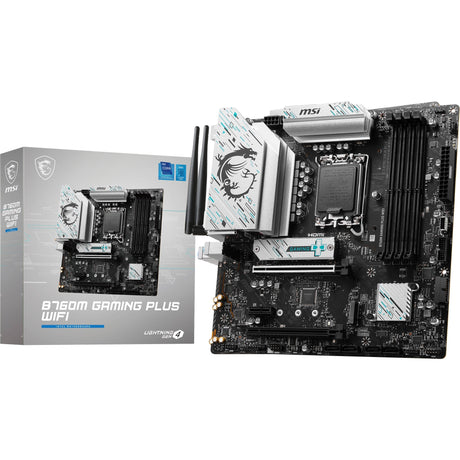 Carte mère MSI B760M Gaming Plus WiFi Socket 1700 (noir argent, RAID, 2,5 Go LAN, Wi-Fi 6e, BT, Sound, µATX)