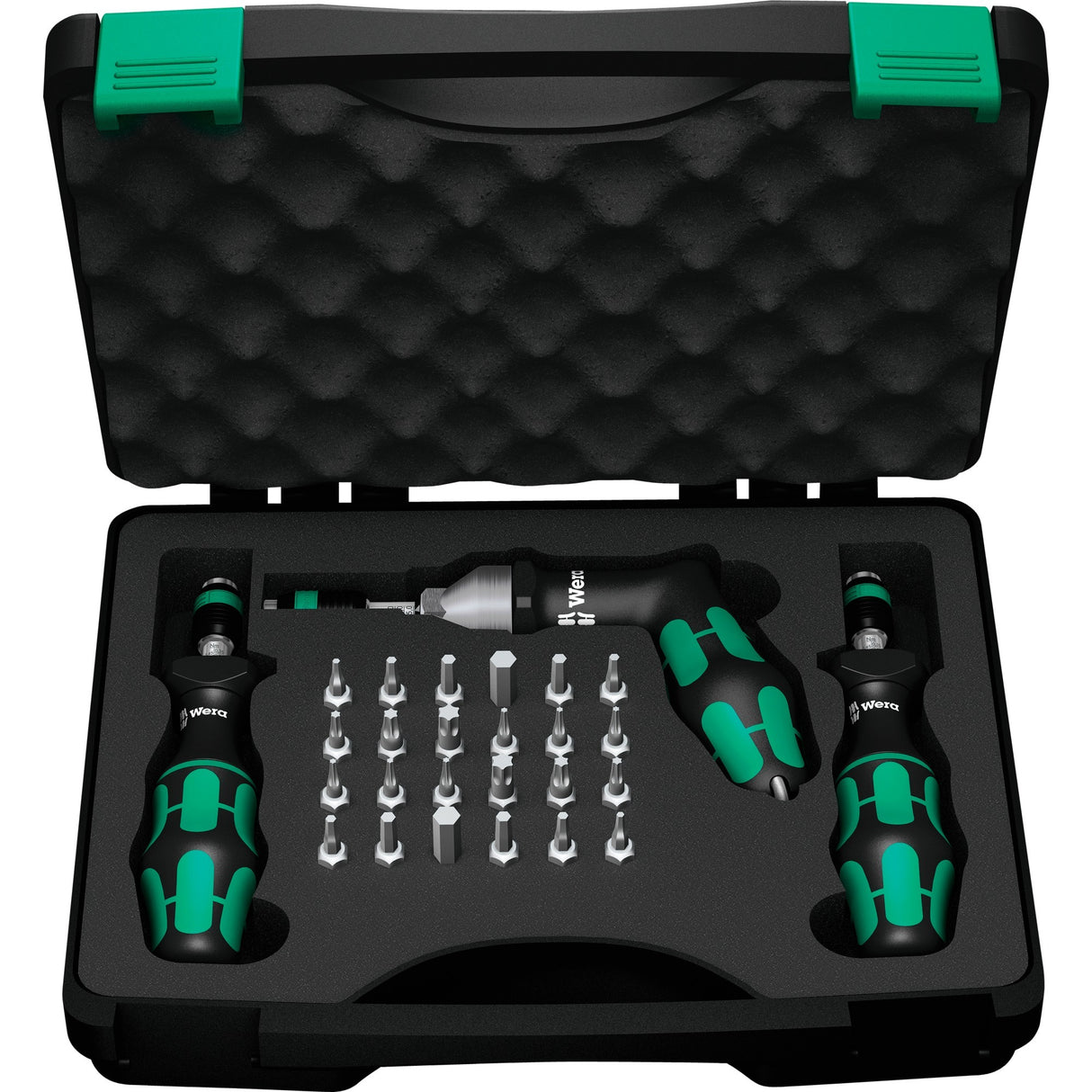 Wera 7440 41 42 Jeu de tournevis dynamométriques Kraftform 0,3-6,0 nm (noir vert, 27 pièces, avec mandrin sans clé Rapidaptor)