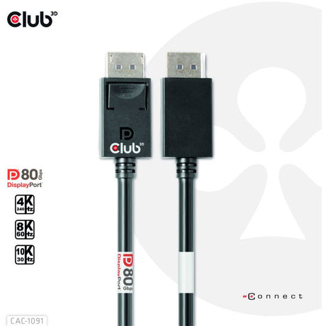 Club 3D DisplayPort 2.1 Câble certifié Vesa DP80 mâle-mâle (noir, 1,2 mètre, 4K 240 Hz, 8K 60 Hz, 80 Gbit/s)
