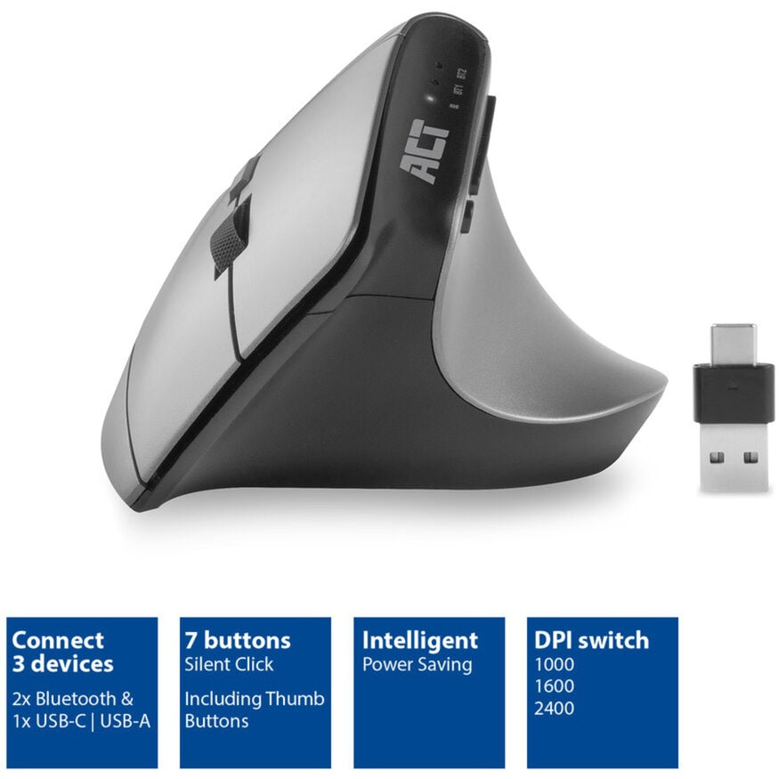 Act Connectivité Souris ergonomique sans fil avec Bluetooth et USB-C