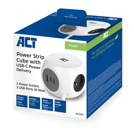 Act Connectivity Act Multiprise Cube avec 3 prises, alimentation 30 W, ports USB-C A, longueur de câble 1,5 m AC2425