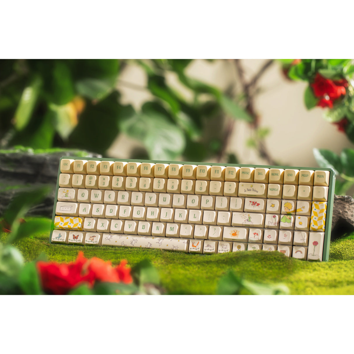 Clavier de jeu mécanique RVB Iqunix f97 floral date (vert, disposition américaine (qwerty), rouge gateron, 96 %, LED RVB, remplaçable à chaud, pbt, 2,4 GHz | Bluetooth 5.1 | USB-C)