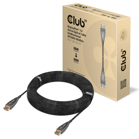 Câble optique unidirectionnel actif Club 3d displayport 1.4 (noir, 20 mètres, 4k 120hz, 8k 60hz)