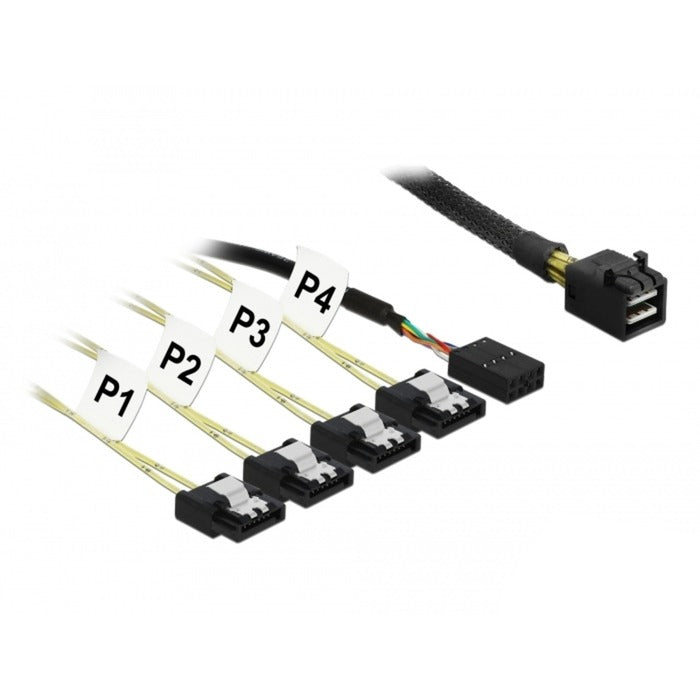 Delock câble mini SAS HD SFF-8643 > 4x SATA 7 broches inversé + bande latérale (noir, 0,5 mètre)