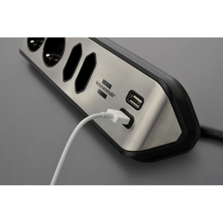 Brennerstuhl ®estilo barrette de connexion d'angle avec fonction de chargement USB 4 prises 2x prise de protection 2x euro argent noir