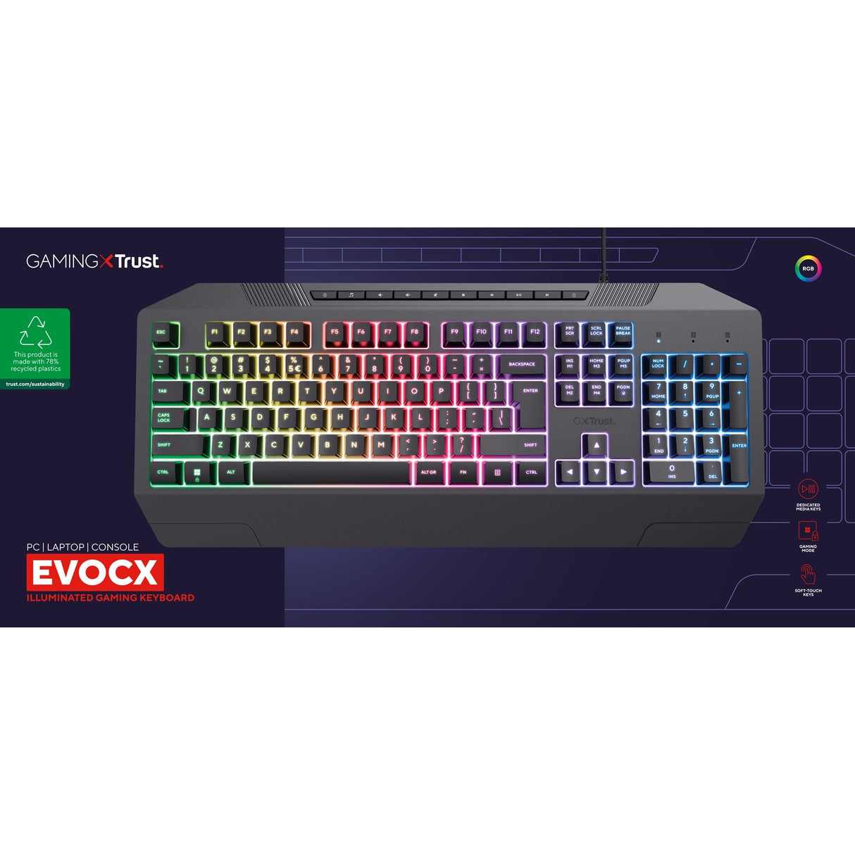 Clavier de jeu Trust GXT 836 EVOCX RGB (noir, disposition américaine (QWERTY), membrane, 100%, RVB)