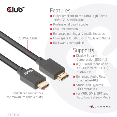 Câble HDMI 2.1 mâle-mâle ultra haut débit Club 3D (noir, 4 mètres, 4K 120 Hz, 8K 60 Hz, 48 Gbps)