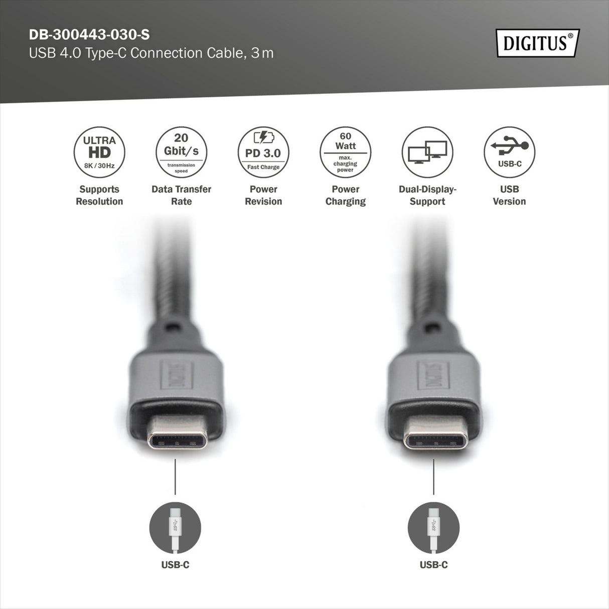 Câble de connexion USB-C Digitus USB-C 4 gen2 (gris noir, 3 mètres)
