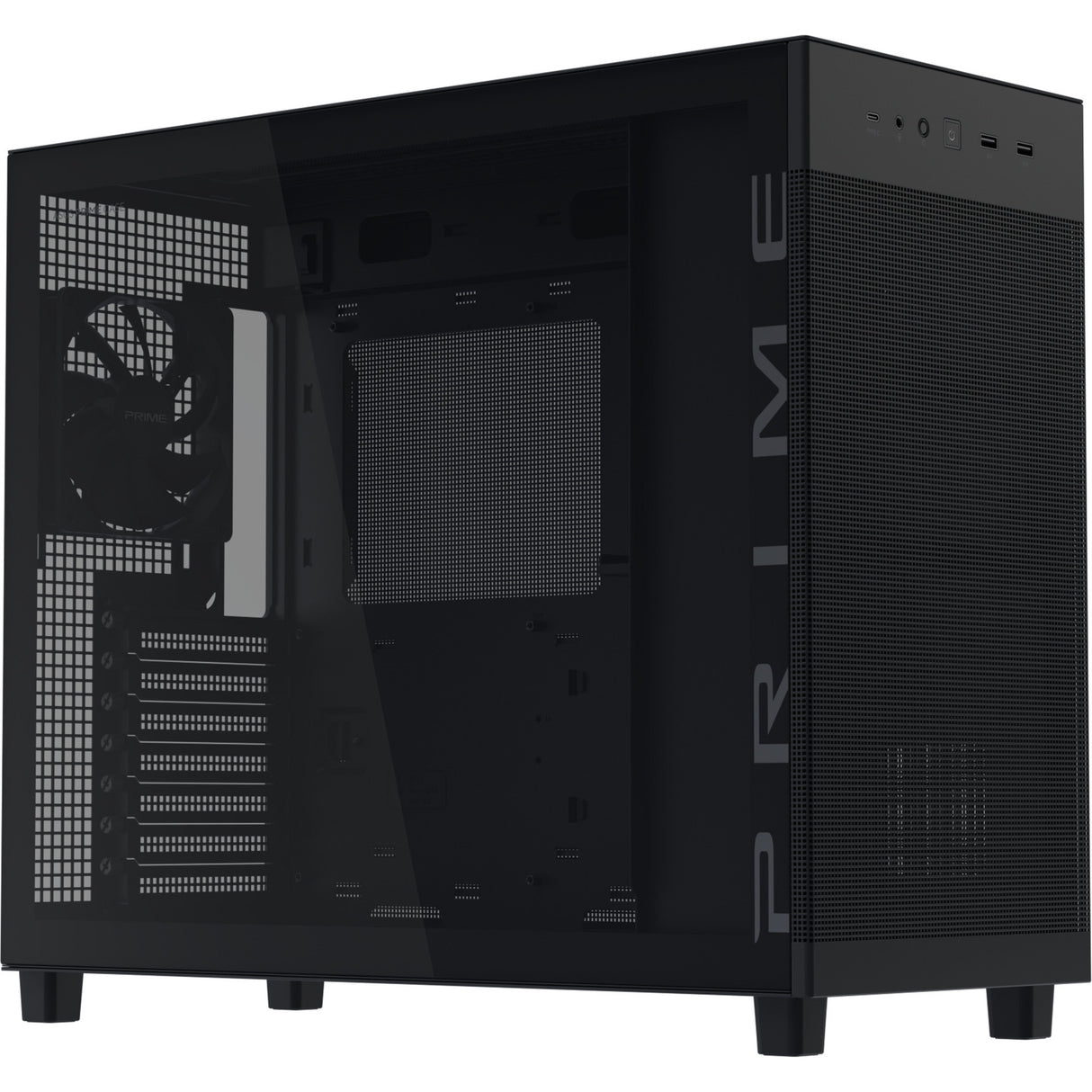 Asus prime ap303 - tempered glass panel midi tower behuizing (zwart | 2x usb-a | 1x usb-c | tempered glass)
