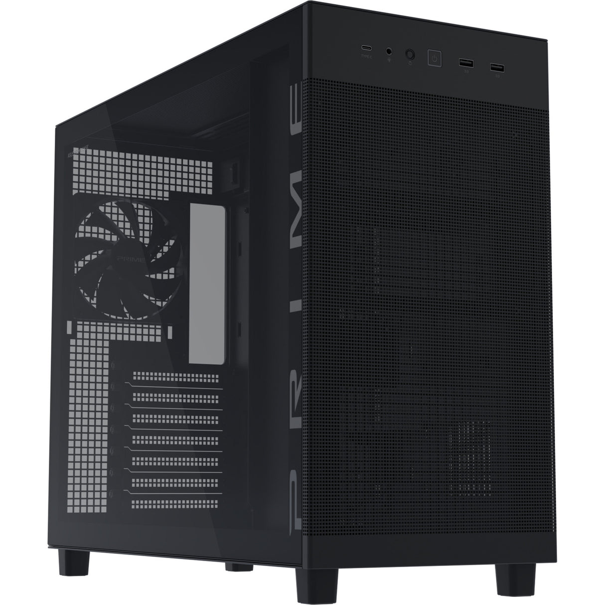 Asus prime ap303 - tempered glass panel midi tower behuizing (zwart | 2x usb-a | 1x usb-c | tempered glass)