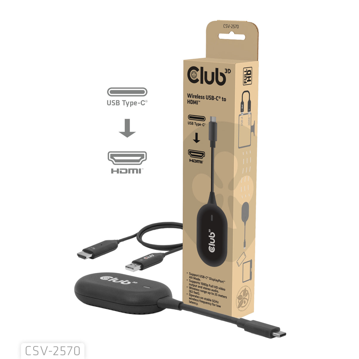 Adaptateur émetteur et récepteur sans fil USB-C vers HDMI Club 3D (noir)