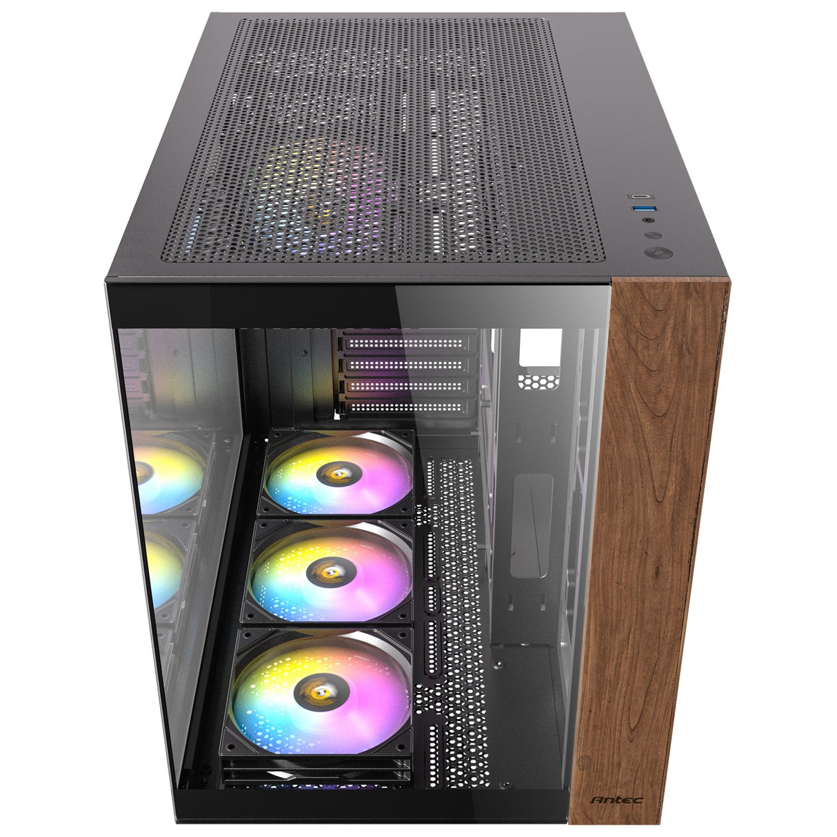 Boîtier tour midi argb en bois Antec cx800 (couleur bois noir | 1x USB-A | 1x USB-C | verre trempé)