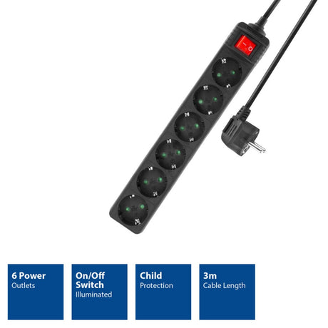 Multiprise Act avec interrupteur lumineux, 6 prises, 3 m, noir ac2465