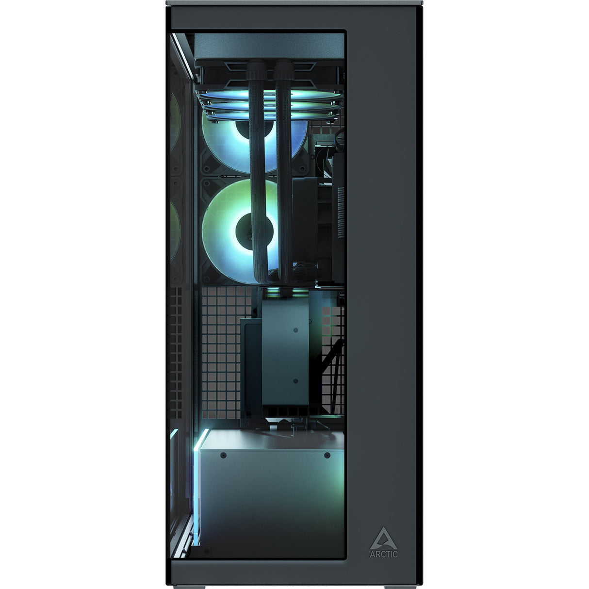 Boîtier tour midi Arctic xtender vg (noir | 2x USB-A | 1x USB-C | RVB | verre trempé)