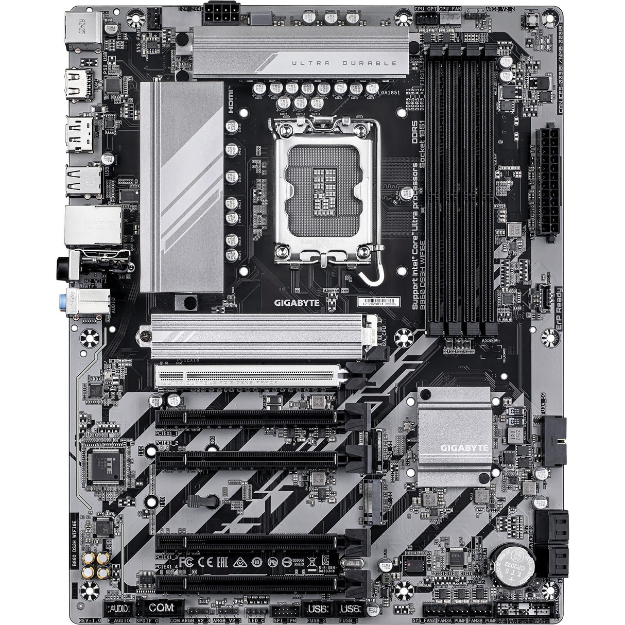 Carte mère Gigabyte B860 DS3H WiFi 6E Socket 1851 (argent noir, RAID, 2,5 Go-LAN, WiFi 6E, BT, son, ATX)