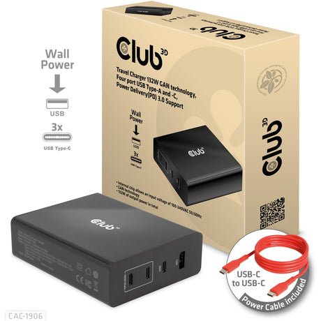 Chargeur de voyage Club 3D 132W technologie gan, quatre ports USB type-a et -c (noir, power delivery (pd) 3.0)