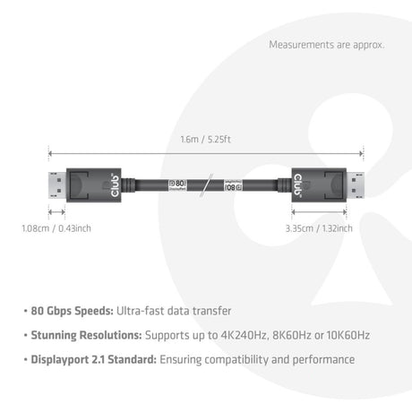 Club 3D DisplayPort 2.1 Câble certifié Vesa DP80 mâle-mâle (noir, 1,6 mètre, 8K 240 Hz, 10K 60 Hz, 80 Gbit/s)