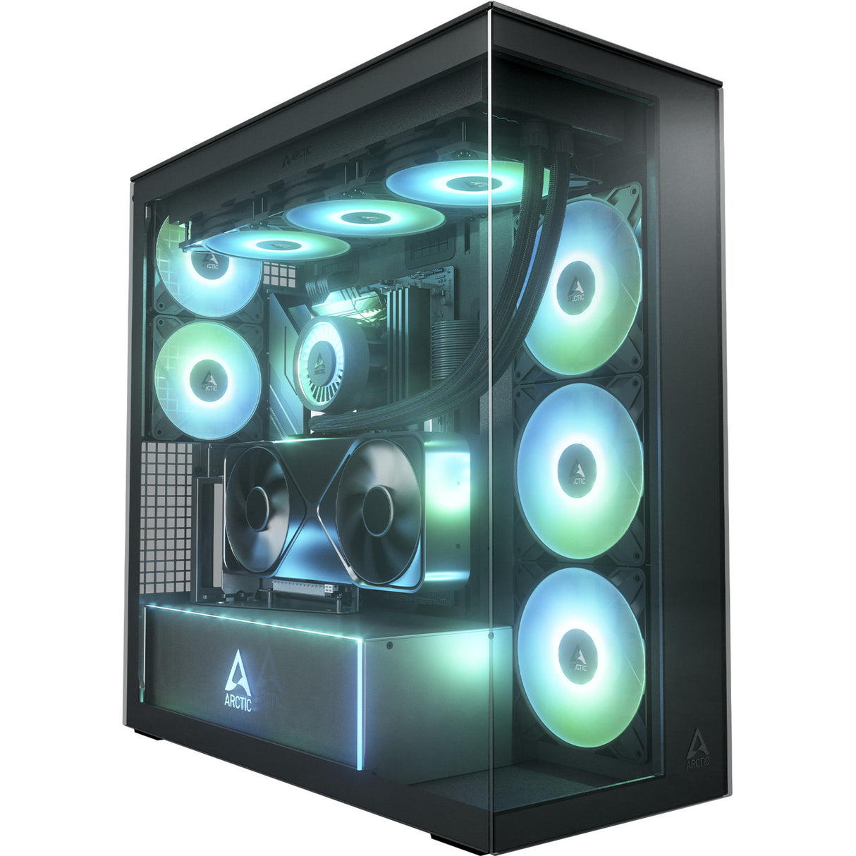 Boîtier tour midi Arctic xtender vg (noir | 2x USB-A | 1x USB-C | RVB | verre trempé)