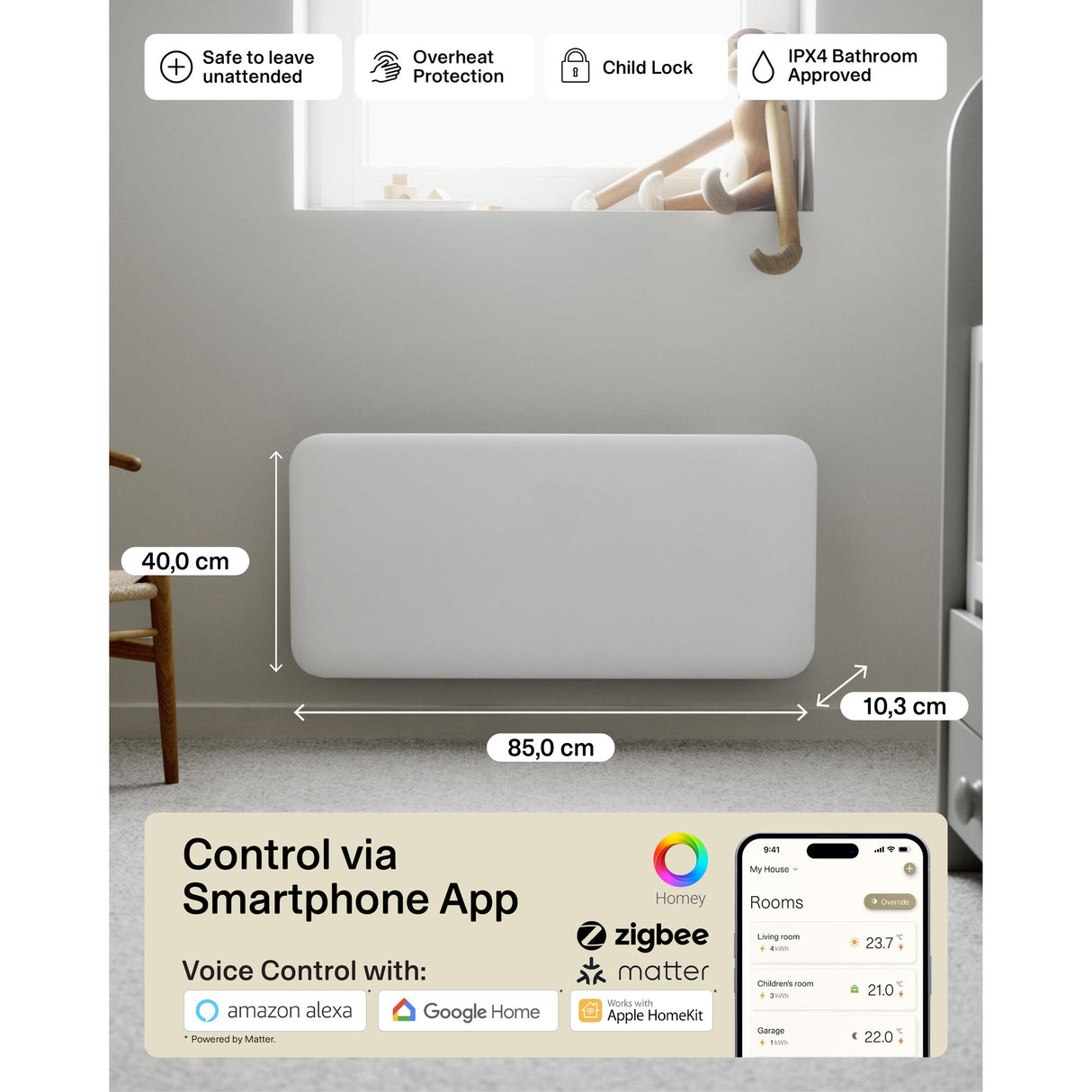 Panneau chauffant WiFi Mill Steel pa1500wifi4a, convecteur 1500 watts (blanc, WiFi 2,4 GHz (WiFi 6), Bluetooth 5.2, ZigBee 3.0 + application)