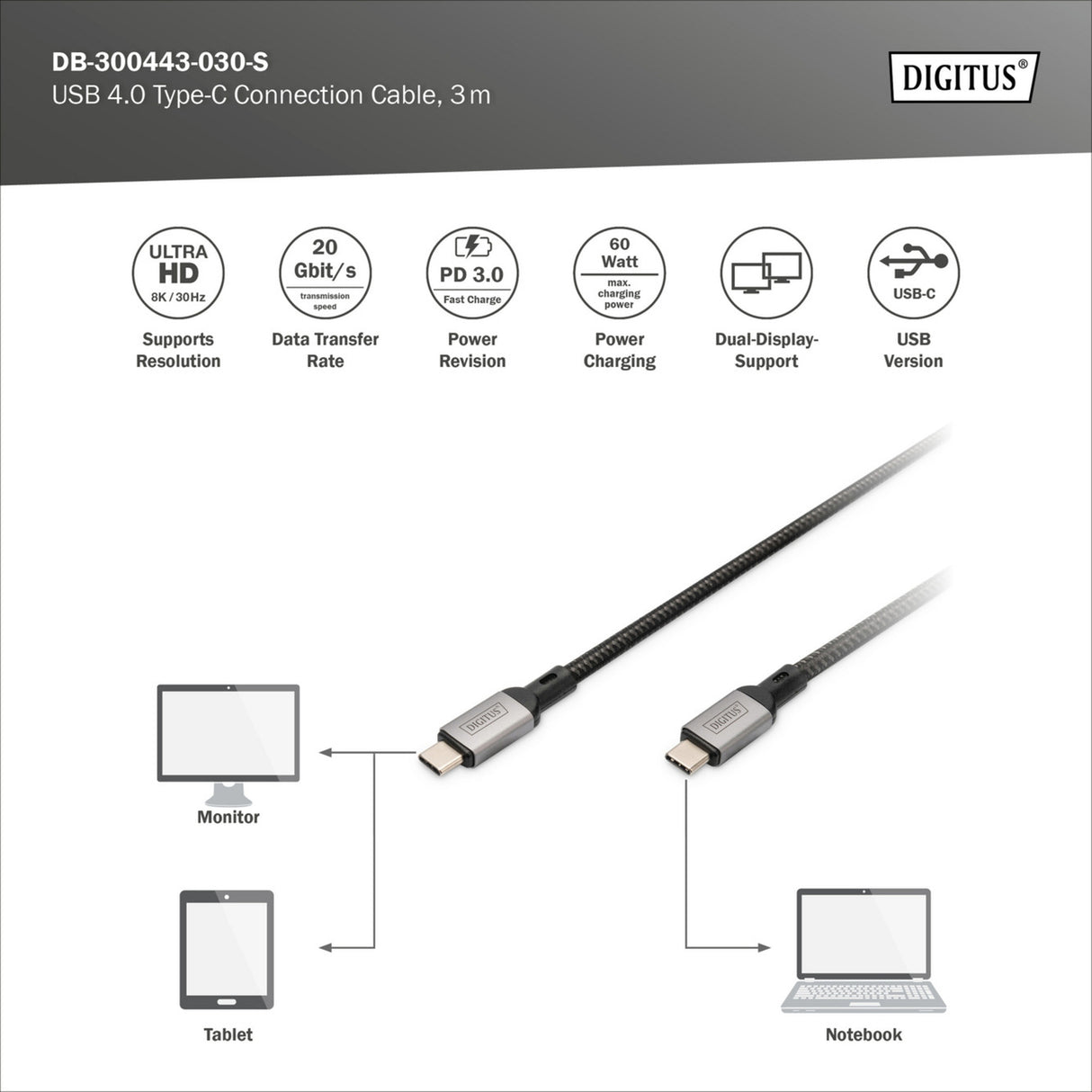 Câble de connexion USB-C Digitus USB-C 4 gen2 (gris noir, 3 mètres)