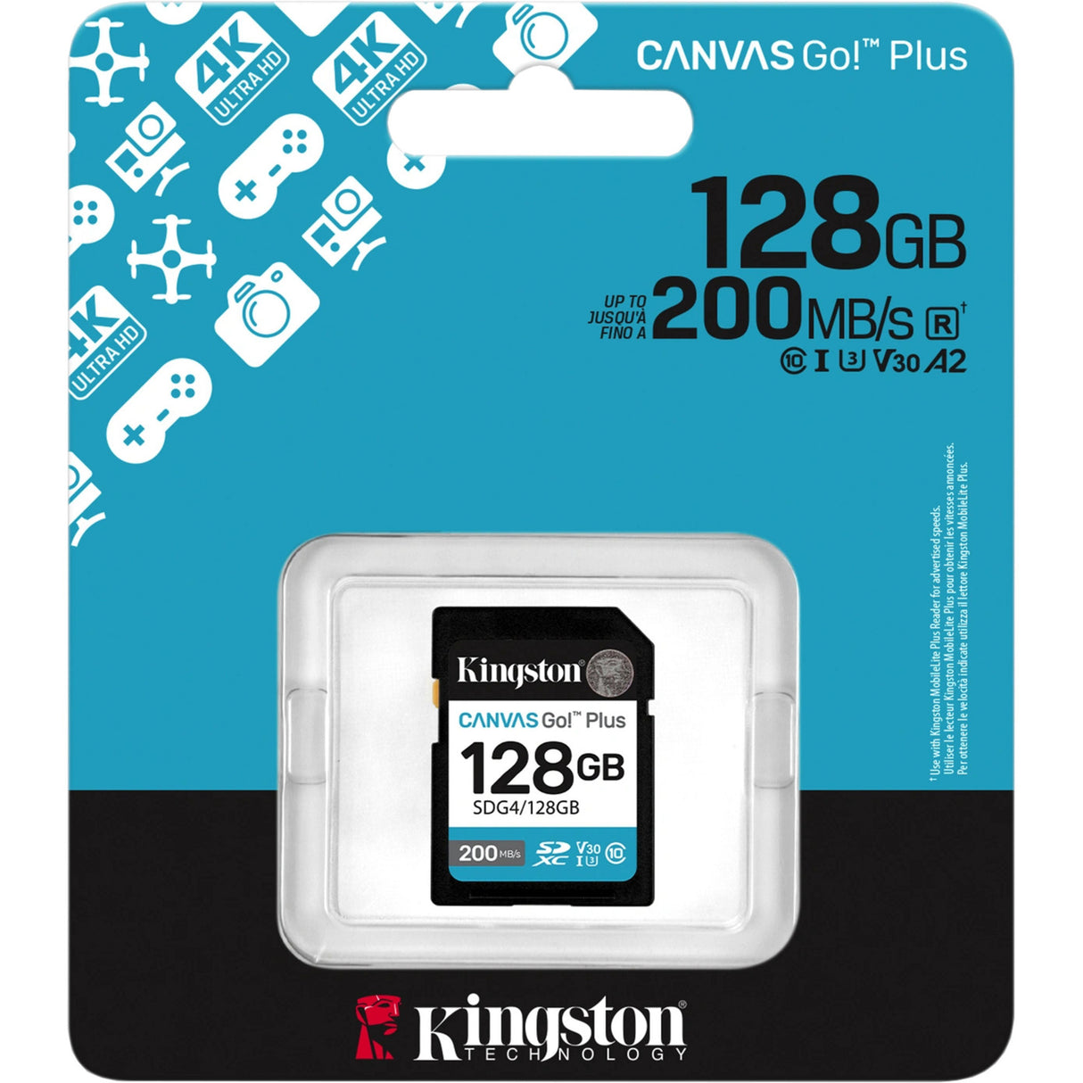 Toile Kingston, c'est parti ! plus carte mémoire SDXC 128 Go (noire, classe 10, UHS-I U3, V30)