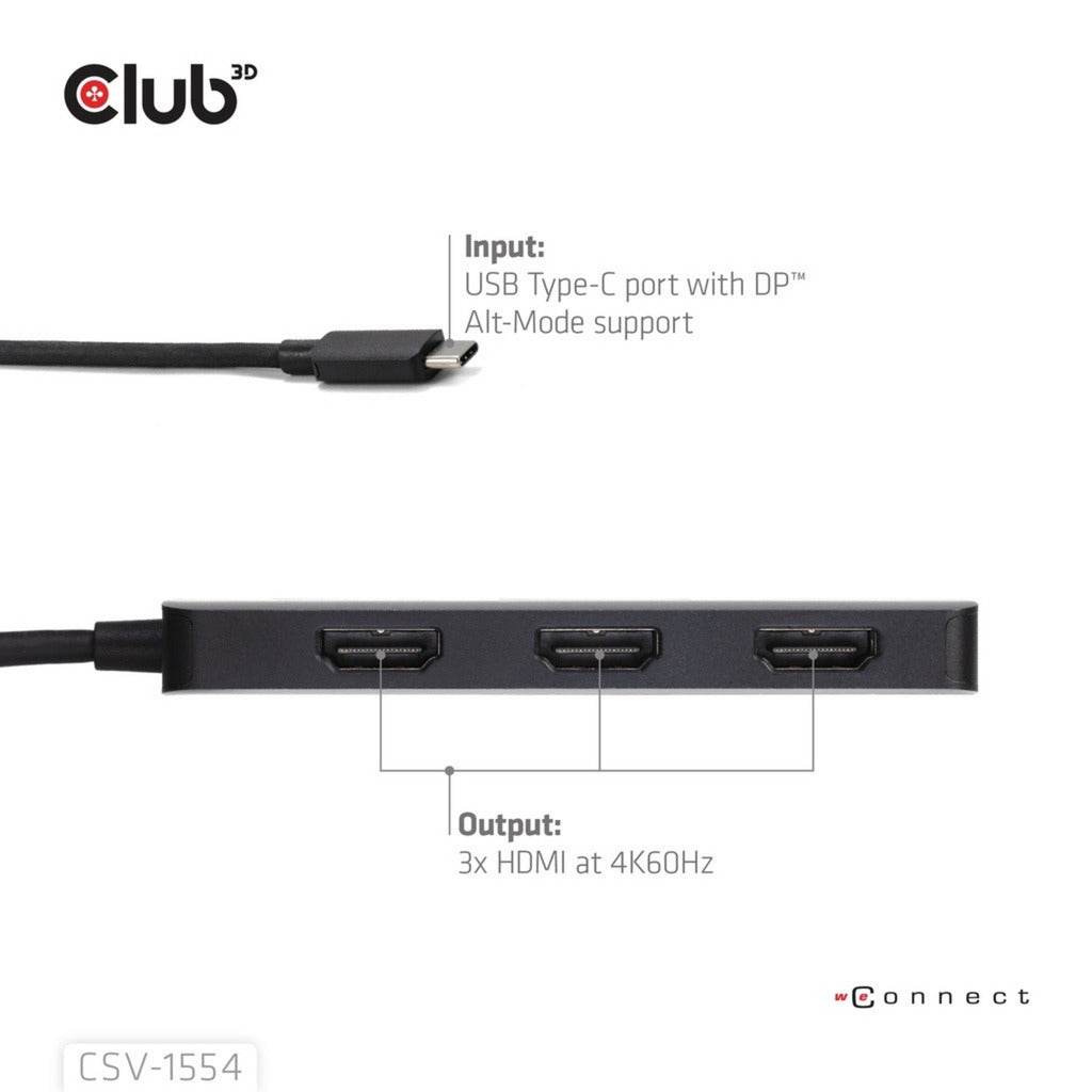 Adaptateur Club 3D USB-C vers Triple HDMI MST Hub 4K60Hz (Noir)