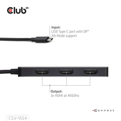 Adaptateur Club 3D USB-C vers Triple HDMI MST Hub 4K60Hz (Noir)