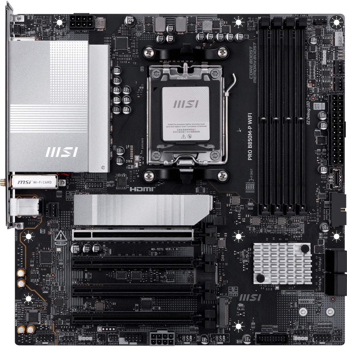 Carte mère MSI Pro B850M-P WiFi Socket AM5 (noir argent, RAID, 5 Go-LAN, WiFi 7, BT, Sound, µATX)
