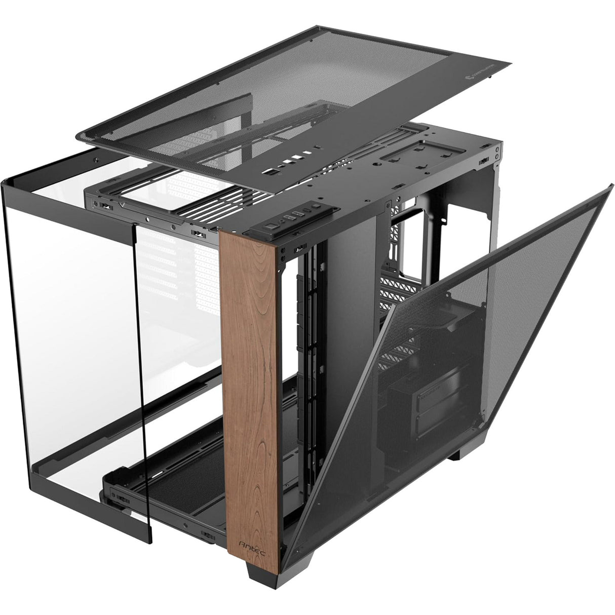 Boîtier tour midi en bois courbe Antec c8 (couleur bois noir | 2x USB-A | 1x USB-C | verre trempé)