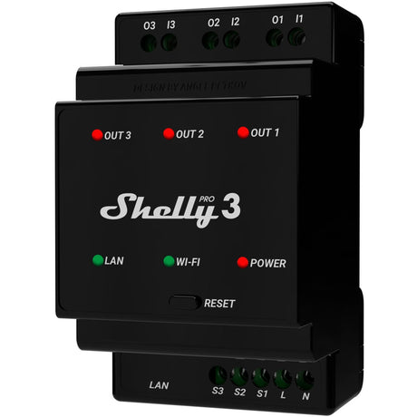 Relais Shelly pro 3 (noir, 3 canaux, WiFi, LAN, Bluetooth)