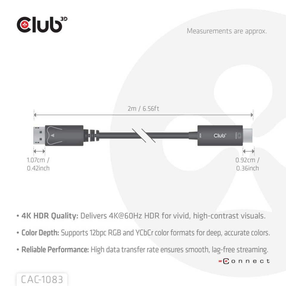 Câble adaptateur Club 3D DisplayPort 1.4 vers HDMI 4K60 Hz (noir, HDR M M 2 m)