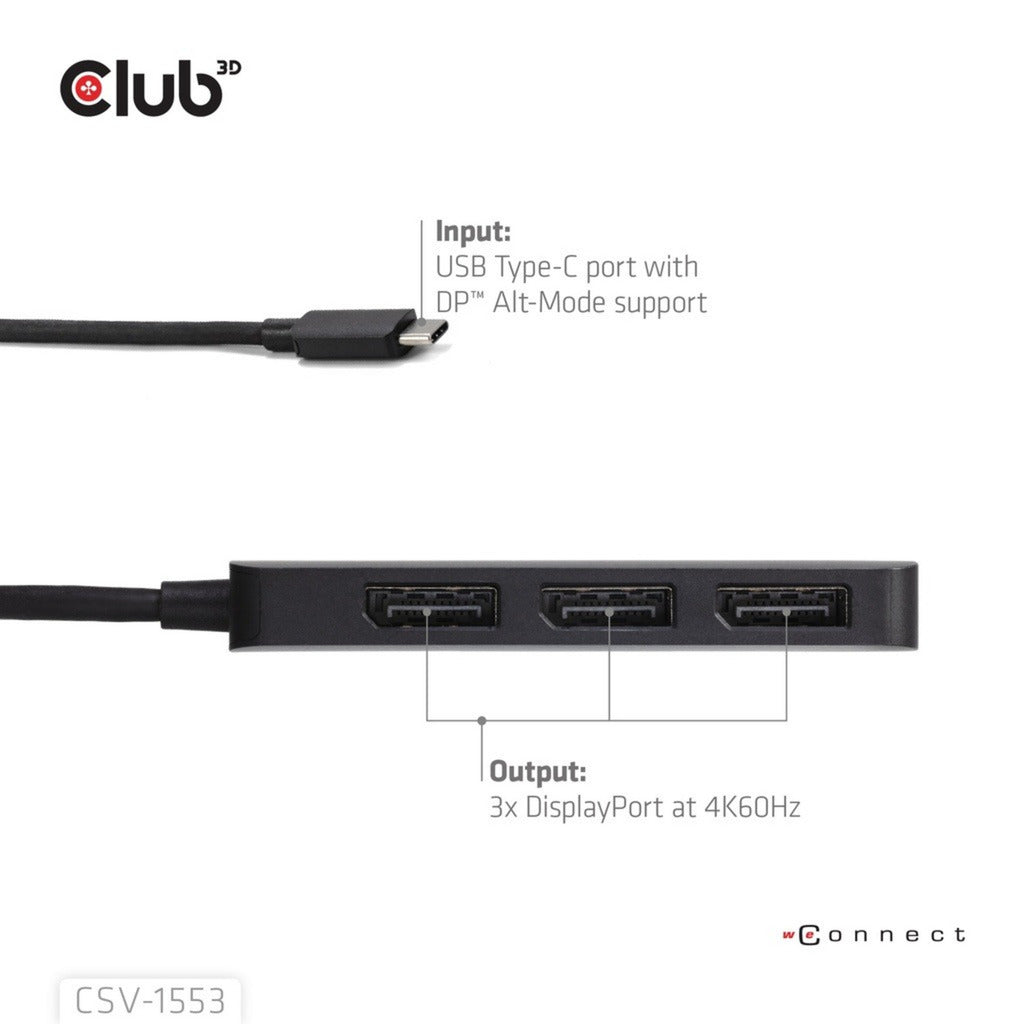 Club 3D Hub USB-C vers triple DisplayPort MST (noir, 4K60 Hz)