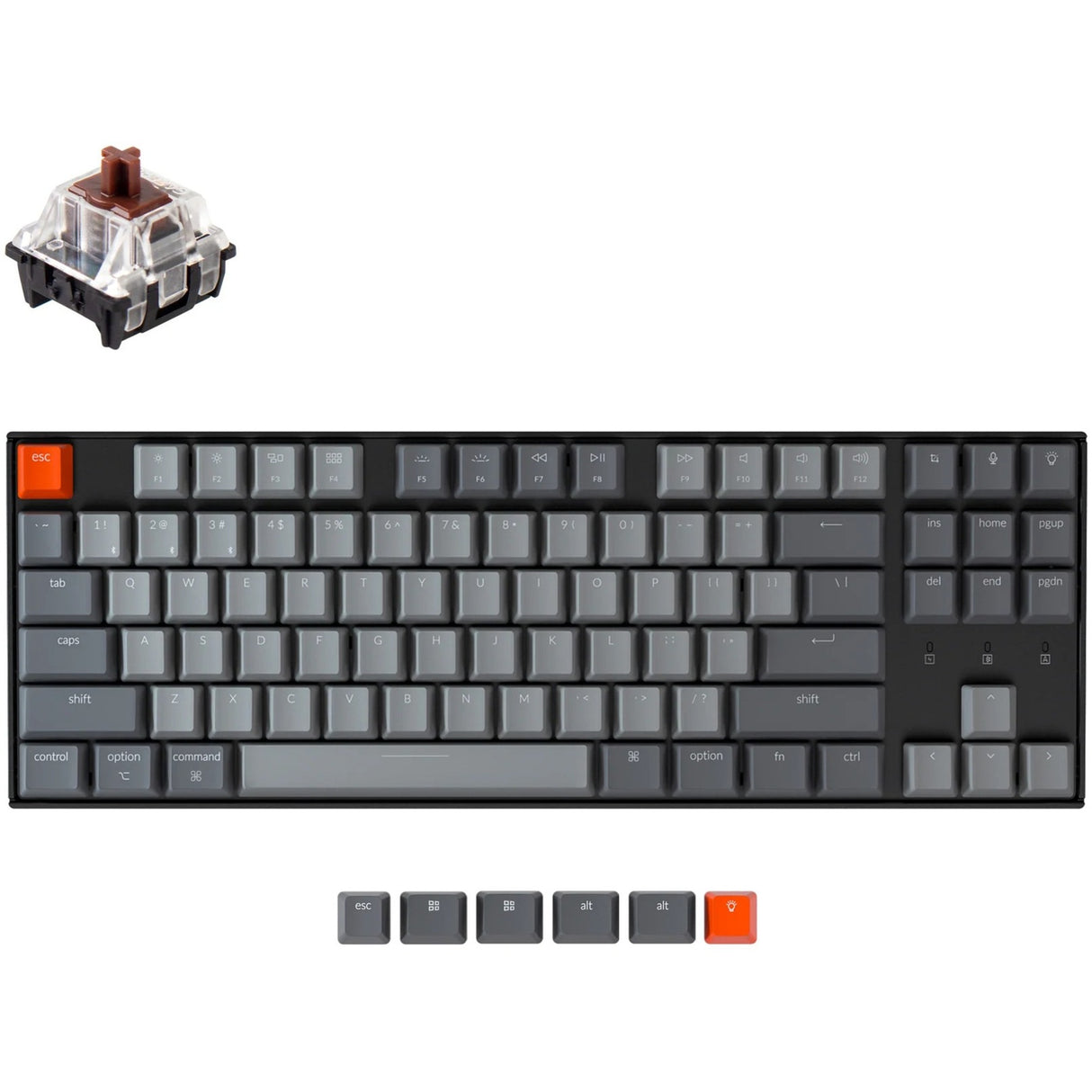 Keychron k8-p3, clavier (gris noir, disposition américaine, marron optique gateron, LED RVB, tkl, touches abs, échange à chaud, bluetooth 5.1)