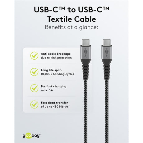 Goobay Chargeur rapide USB-C nano (65 W) et câble textile USB-C (noir, 1 mètre)