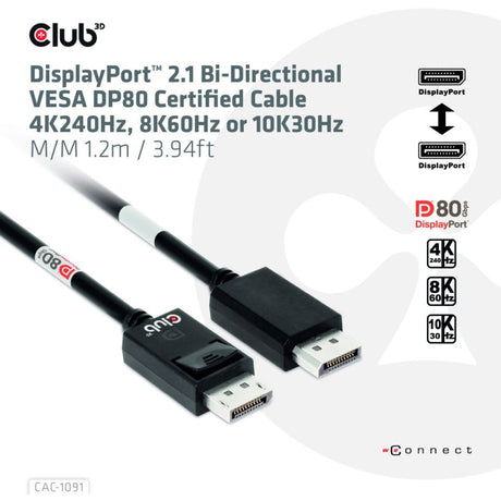 Club 3D DisplayPort 2.1 Câble certifié Vesa DP80 mâle-mâle (noir, 1,2 mètre, 4K 240 Hz, 8K 60 Hz, 80 Gbit/s)