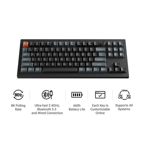 Clavier mécanique personnalisé sans fil Keychron v3 ultra 8k (noir, disposition américaine (qwerty), banane à pompon de soie, 80 % (tkl), RVB, échange à chaud, 2,4 GHz | Bluetooth 5.3 | USB-C)