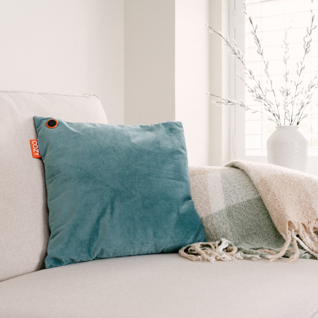 Coussin chauffant sans fil Cozy una Velvet 45 x 45 cm (bleu-vert, power bank 5000 mah)
