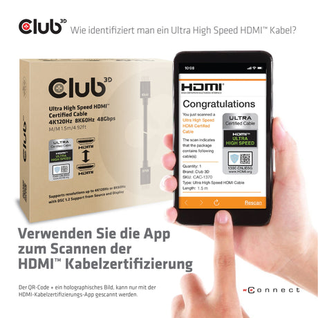 Câble certifié HDMI 2.1 ultra haut débit Club 3D mâle-mâle (noir, 1,5 mètre, 4K 120 Hz, 8K 60 Hz, 48 Gbps)