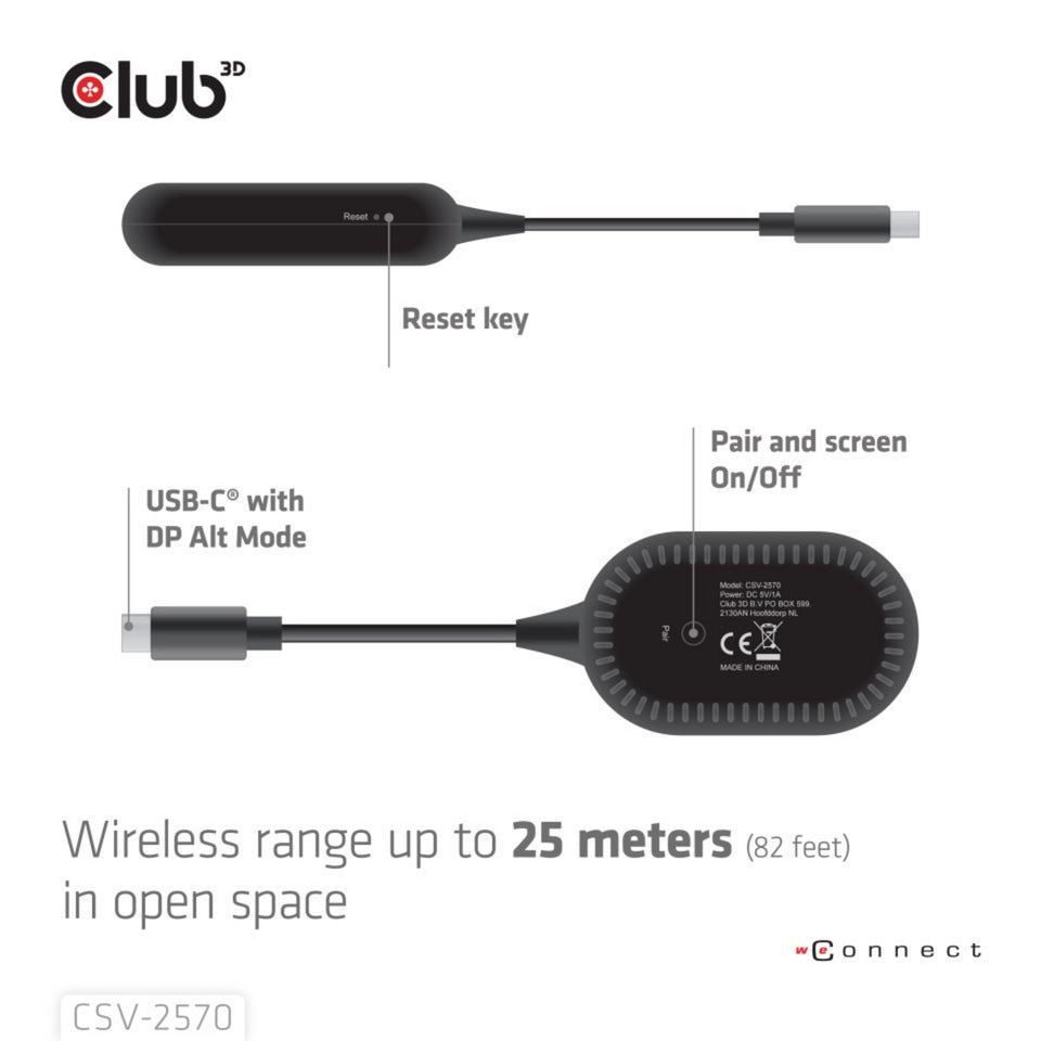 Adaptateur émetteur et récepteur sans fil USB-C vers HDMI Club 3D (noir)