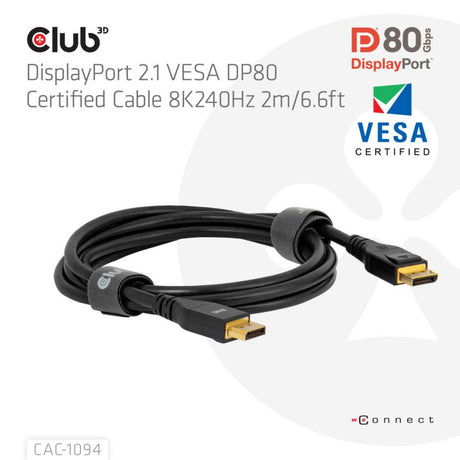 Câble Displayport 2.1 Vesa DP80 certifié Club 3D (noir, 2 mètres, 8k 240hz, 10k 60hz, 80gbps)
