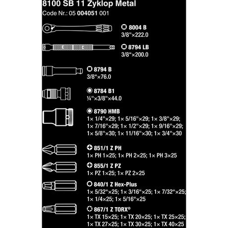 Wera 8100 SB 11 Set Set Metal Ratest Metal Zyklop, 3 8