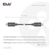 Câble certifié Club 3d Thunderbolt 5 8k240hz (noir, données 80 120 gbps, epr 240 watts, 1 mètre)