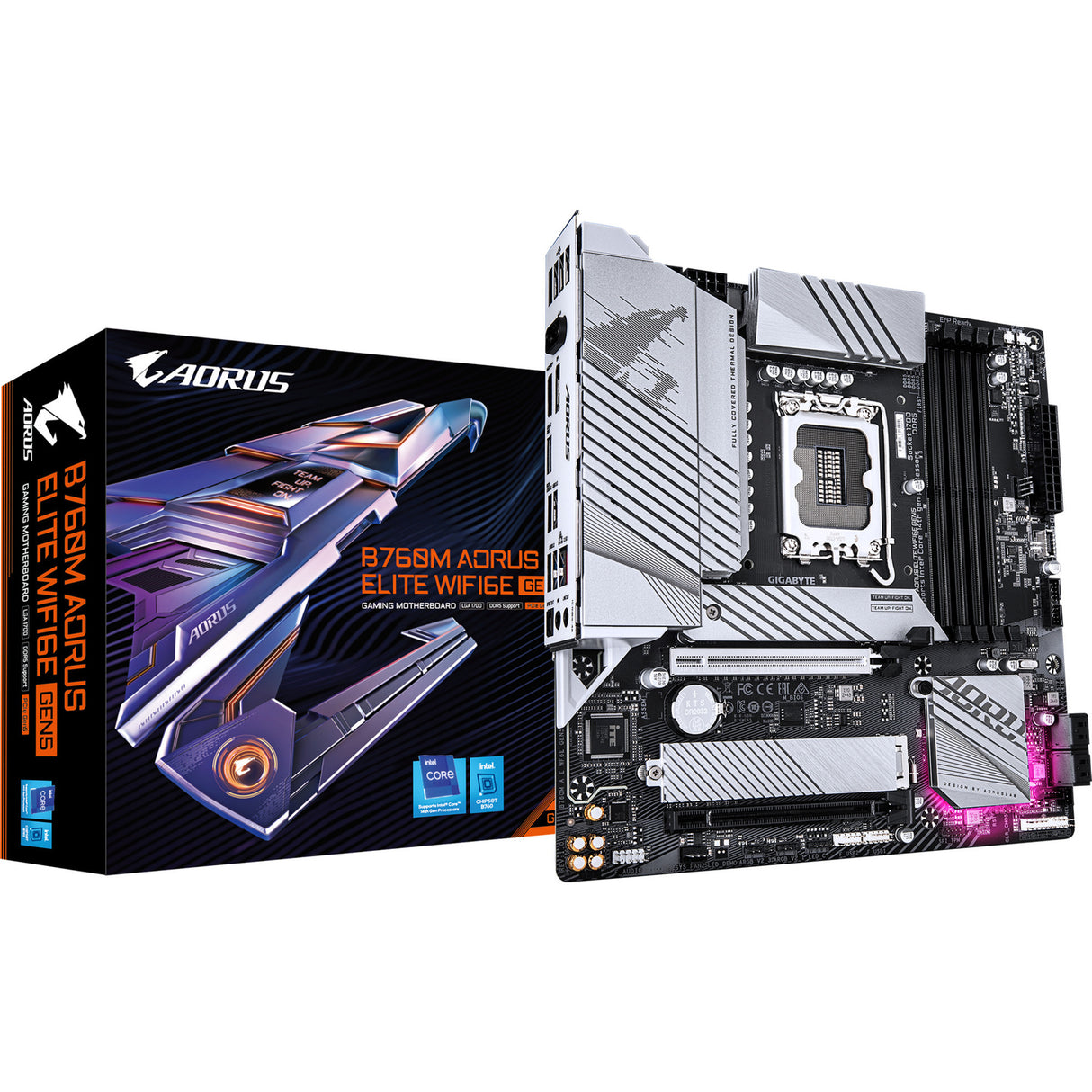 Carte mère Gigabyte B760M AORUS Elite WiFi 6E Gen5 Socket 1700 (Blanc, RAID, 2,5 Go-LAN, WiFi 6E, BT 5.3, Son, µATX)