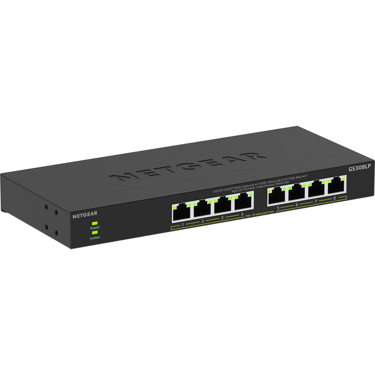 Netgear 8-poorts gigabit ethernet unmanaged poe+ essentials switch (gs308lp) (zwart, 60 watt poe)