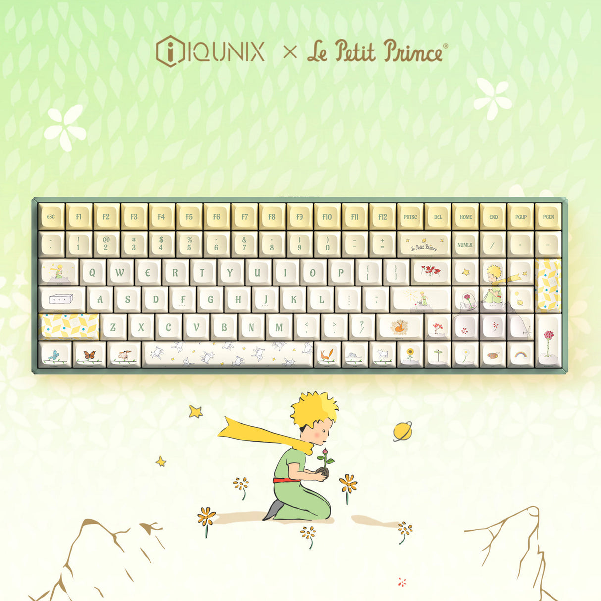Clavier de jeu mécanique RVB Iqunix f97 floral date (vert, disposition américaine (qwerty), rouge gateron, 96 %, LED RVB, remplaçable à chaud, pbt, 2,4 GHz | Bluetooth 5.1 | USB-C)