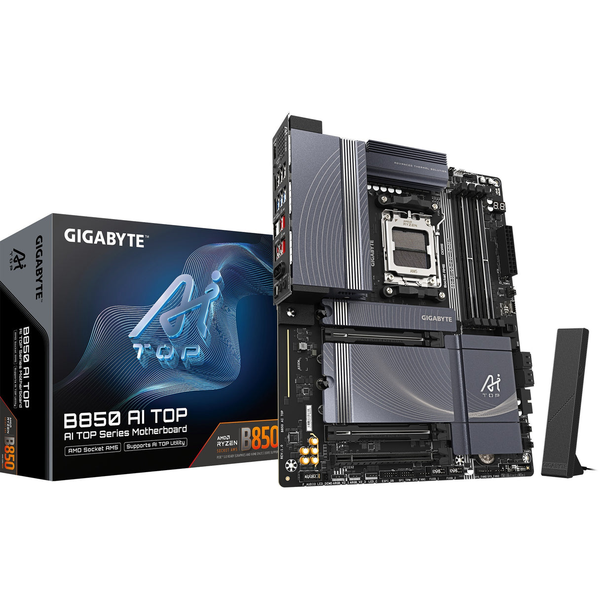 Carte mère Gigabyte B850 AI Top Socket AM5 (gris noir, RAID, 2x 10 Go LAN, Wi-Fi 7, BT, Sound, ATX)